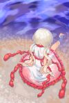  1girl back barefoot dress ebisu_eika highres puffy_short_sleeves puffy_sleeves red_dress river sand short_hair short_sleeves silver_hair sitting soaking_feet solo toes touhou twintails wankosoba water white_dress white_sleeves 