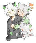  2boys animal_ears black_cat black_hoodie blush cat cat_boy cat_ears collared_shirt green_eyes grey_cat grey_hair heart hood hood_down hoodie huangshou_(the_legend_of_luoxiaohei) long_sleeves luoxiaohei multiple_boys nyanmu1 open_mouth personification shirt short_hair simple_background smile the_legend_of_luo_xiaohei upper_body white_background white_hair yaoi 