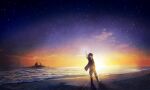  1boy arm_up beach black_footwear black_hair black_jacket boots dawn final_fantasy final_fantasy_xv highres island jacket marchen134 noctis_lucis_caelum ocean open_mouth smile solo standing star_(sky) sun sunlight sunset water waving 