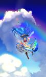  1girl black_headwear blue_hair blue_sky cloud cloudy_sky flying hat highres hinanawi_tenshi long_hair looking_at_viewer open_mouth puffy_short_sleeves puffy_sleeves rainbow red_eyes shirt short_sleeves skirt sky smile solo touhou wankosoba white_sleeves 