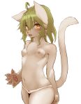  1girl ahoge animal_ears blush breasts cat_ears cat_tail collarbone eyebrows_visible_through_hair fang furry furry_female green_hair hawthorn highres kazami_yuuka looking_at_viewer navel nipples no_bra open_mouth orange_eyes panties shiny shiny_hair short_hair simple_background small_breasts smile solo standing tail topless touhou underwear underwear_only whiskers white_background white_panties 