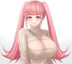 1girl alternate_costume bangs blunt_bangs breasts cleavage cleavage_cutout closed_mouth clothing_cutout commentary desspie english_commentary eyebrows_visible_through_hair fire_emblem fire_emblem:_three_houses highres hilda_valentine_goneril large_breasts long_hair looking_at_viewer meme_attire naked_sweater open-chest_sweater pink_eyes pink_hair ribbed_sweater sidelocks simple_background smile solo sweater turtleneck turtleneck_sweater twintails very_long_hair white_background white_sweater 