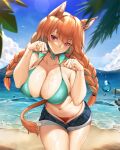  1girl animal_ears bangs bare_shoulders beach bikini braid breasts cat_ears cleavage commentary commission eyebrows_visible_through_hair gradient_hair green_bikini hair_over_one_eye highres hololive hololive_english large_breasts legs long_hair looking_at_viewer mismatched_bikini multicolored_hair ocean open_fly orange_hair paw_pose red_bikini solo swimsuit tail takanashi_kiara tony_guisado tree twintails very_long_hair virtual_youtuber 