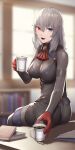  1girl blue_eyes book breasts coffee coffee_cup commentary_request cup disposable_cup eden&#039;s_ritter_grenze eyebrows_visible_through_hair gloves grey_hair hair_between_eyes heterochromia highres holding holding_cup indoors kageshio_(276006) looking_at_viewer medium_breasts red_eyes red_gloves red_neckwear sitting smile solo 