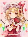  1girl ascot bangs blonde_hair blush bow box brooch closed_mouth commentary_request crystal drill_hair eyebrows_visible_through_hair flandre_scarlet flying_sweatdrops frilled_shirt_collar frills hair_between_eyes hair_bow hands_up hat heart heart-shaped_box highres holding holding_box jewelry looking_at_viewer medium_hair mob_cap nagisa_shizuku nervous one_side_up pink_background puffy_short_sleeves puffy_sleeves red_bow red_eyes red_skirt red_vest short_sleeves simple_background skirt solo touhou upper_body vest white_headwear wings wrist_cuffs yellow_ascot 