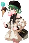  1girl absurdres bag beret black_bow black_bowtie black_headwear bow bowtie clothing_cutout commentary_request curly_hair dress eyebrows_visible_through_hair floating food green_eyes green_hair hair_between_eyes hat highres ice_cream licking looking_at_viewer md5_mismatch one-punch_man short_hair shoulder_cutout simple_background solo tatsumaki thighs torriet white_background white_dress 