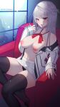  1girl armchair black_legwear black_panties breasts chair highres jacket kurenai_maria long_hair miniskirt nanoless navel nipples open_clothes open_jacket open_shirt panties pantyshot red_neckwear sitting skirt solo thighhighs underwear vampire_knight white_skirt 