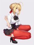  1girl ahoge ascot bangs black_ascot black_footwear black_skirt blonde_hair breasts cigarette collared_shirt commentary eyebrows_visible_through_hair eyes_visible_through_hair fate/grand_order fate_(series) from_side full_body green_eyes hair_between_eyes hair_intakes high-waist_skirt high_heels highres holding holding_cigarette kuza_brs large_breasts looking_at_viewer nero_claudius_(fate) nero_claudius_(fate/extra) parted_lips red_legwear shirt short_hair sideways_glance simple_background skirt solo squatting thighhighs tied_hair white_shirt 