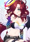  1girl ;q animal_ears asymmetrical_wings bangs bare_shoulders belt belt_buckle black_choker black_shorts black_wings breasts brown_belt buckle checkered_gloves choker cleavage closed_mouth collarbone commentary commission demon_girl demon_horns demon_wings doughnut elbow_gloves eyebrows_visible_through_hair feathered_wings fingerless_gloves food gloves gradient_gloves green_eyes hair_over_one_eye hand_up holding holding_food horns long_hair medium_breasts mismatched_wings mole mole_on_breast navel one_eye_closed original parted_bangs red_hair short_shorts shorts sitting skeb_commission smile solo spikes strapless thigh_strap tongue tongue_out twitter_username very_long_hair white_wings wings yamabukiiro 