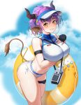  1girl :d animal_ears arknights arm_strap arm_under_breasts azema bangs bare_shoulders bikini black_gloves blue_sky blush bottle breast_hold breasts clothes_writing cow_ears cow_girl cow_horns cow_tail day eyebrows_visible_through_hair feet_out_of_frame fingerless_gloves gloves grin hand_on_own_chest horns innertube leaning_forward looking_at_viewer navel official_alternate_costume open_mouth outdoors ponytail purple_hair short_hair short_ponytail sideroca_(arknights) sideroca_(light_breeze)_(arknights) sky smile solo standing swimsuit tail teeth thighs visor_cap white_bikini white_headwear yellow_eyes 