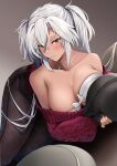  1girl absurdres bare_shoulders black_nails black_pants breasts brown_background budget_sarashi cleavage dark_skin glasses gradient gradient_background hair_between_eyes highres kantai_collection large_breasts musashi_(kancolle) pants pillow platinum_blonde_hair red_eyes red_sweater sarashi short_hair_with_long_locks solo sweater twintails two_side_up yunamaro 