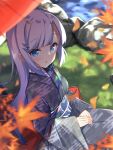 1girl autumn_leaves bangs blue_eyes blurry blurry_background blurry_foreground blush commentary_request day denshi_yousei_project depth_of_field egasumi eyebrows_visible_through_hair grey_kimono hair_ornament hairclip highres japanese_clothes kimono leaf long_hair long_sleeves looking_at_viewer maple_leaf mimura_zaja nagareru_ao obi oil-paper_umbrella outdoors parted_bangs parted_lips print_kimono red_umbrella sash silver_hair sitting sleeves_past_wrists solo umbrella very_long_hair water wide_sleeves 