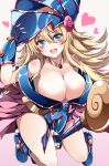  1girl bare_shoulders blonde_hair blue_footwear blush_stickers breasts cleavage dark_magician_girl duel_monster fingerless_gloves gloves hat highres huge_breasts solo staff thighs trista_(makkoivenus) wand wizard_hat yu-gi-oh! 