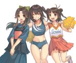  3girls alternate_costume antenna_hair armor black_hair black_hakama blue_buruma blue_hakama bougu buruma cheerleader commentary_request cowboy_shot double_bun dress hakama headband holding holding_pom_poms japanese_armor japanese_clothes jintsuu_(kancolle) kantai_collection midriff mitsuyo_(mituyo324) multiple_girls naka_(kancolle) orange_dress pleated_dress pom_pom_(cheerleading) ponytail sendai_(kancolle) short_hair simple_background sports_bikini sportswear two_side_up white_background white_headband 