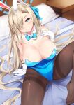  1girl animal_ears asuna_(blue_archive) bangs bare_shoulders bed blonde_hair blue_archive blue_bow blue_bowtie blue_eyes blue_leotard blush bow bowtie breasts brown_legwear commentary detached_collar fake_animal_ears gloves grin hair_over_one_eye hairband hand_on_own_chest hand_up highres indoors irohara large_breasts leotard long_hair looking_at_viewer mole mole_on_breast no_shoes pantyhose playboy_bunny sitting smile solo strapless strapless_leotard thighband_pantyhose thighs very_long_hair white_gloves white_hairband 