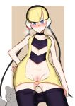  1girl absurdres bangs bare_arms black_choker black_legwear blonde_hair blue_eyes blunt_bangs blush censored choker closed_mouth clothes_pull collarbone commentary elesa_(pokemon) emolga from_below hand_on_hip headphones highres ichigai_(hayawossan) looking_at_viewer mosaic_censoring navel pantyhose pantyhose_pull pokemon pokemon_(game) pokemon_bw pussy pussy_juice short_hair sleeveless solo sweat 