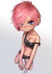 1girl abs avatar_(ffxiv) black_shorts blue_eyes blush breasts character_request chibi cleavage closed_mouth crop_top final_fantasy final_fantasy_xiv grey_background heterochromia highres hyur kilye_kairi looking_at_viewer micro_shorts mole mole_under_eye own_hands_together pink_eyes pink_hair short_hair shorts simple_background smile solo strap_slip tank_top 