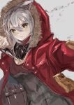  1girl animal_ears arknights bangs breasts cleavage coat concealed_weapon dagger fur-trimmed_hood fur_trim grey_shirt hair_between_eyes highres holding holding_weapon hood hood_up hooded_coat jacket knife long_hair long_sleeves looking_at_viewer open_clothes open_jacket parted_lips pouch projekt_red_(arknights) red_coat shirt signature silver_hair small_breasts solo upper_body v-shaped_eyebrows vea_(v_ea_) weapon wolf_ears yellow_eyes 