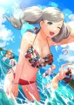  4girls absurdres alternate_costume aznmeee ball beach beachball bikini blue_sky breasts cloud commission day highres large_breasts md5_mismatch morgana_(persona_5) multiple_girls okumura_haru one_eye_closed persona persona_5 persona_5_the_royal resolution_mismatch sakura_futaba skeb_commission sky smile source_smaller swimsuit takamaki_anne twintails water yoshizawa_kasumi 