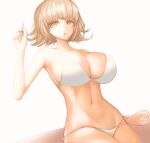  1girl :o absurdres alternate_costume bangs bikini breasts brown_eyes brown_hair cleavage collarbone commentary_request cowboy_shot danganronpa_(series) danganronpa_2:_goodbye_despair eyebrows_visible_through_hair geulimykun_(skbyunea413) groin hand_up highres index_finger_raised korean_commentary large_breasts nanami_chiaki navel open_mouth shiny shiny_hair short_hair simple_background solo stomach swimsuit white_background white_bikini 