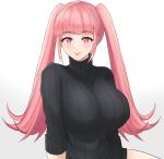  1girl :p absurdres alternate_costume bangs black_sweater blunt_bangs breasts closed_mouth commentary desspie english_commentary eyebrows_visible_through_hair fire_emblem fire_emblem:_three_houses highres hilda_valentine_goneril large_breasts long_hair looking_at_viewer naked_sweater pink_eyes pink_hair ribbed_sweater sidelocks simple_background smile solo sweater tongue tongue_out turtleneck turtleneck_sweater twintails very_long_hair white_background 