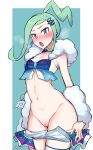  1girl absurdres altaria arm_warmers blush breath buttons choker clothes_pull commentary crop_top earrings eyelashes green_eyes green_hair hair_ornament highres ichigai_(hayawossan) jewelry lisia_(pokemon) navel open_mouth pokemon pokemon_(game) pokemon_oras pussy shorts shorts_pull shorts_under_skirt showgirl_skirt sidelocks single_thighhigh thighhighs tongue 