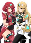  2girls absurdres asyura_kumo bangs bare_shoulders black_gloves blonde_hair breasts chest_jewel dress earrings elbow_gloves fingerless_gloves gloves highres jewelry large_breasts long_hair looking_at_viewer multiple_girls mythra_(massive_melee)_(xenoblade) mythra_(xenoblade) pantyhose pyra_(xenoblade) red_eyes red_hair red_legwear red_shorts short_dress short_hair short_shorts shorts simple_background smile super_smash_bros. swept_bangs thigh_strap thighhighs tiara very_long_hair white_dress white_gloves xenoblade_chronicles_(series) xenoblade_chronicles_2 