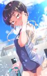  1girl adjusting_hair bangs blue_sky blush boku_no_hero_academia brown_hair cloud commentary_request covered_navel cowboy_shot day from_side hair_tucking hand_up highres holding holding_hose hose jirou_kyouka one-piece_swimsuit outdoors pool school school_swimsuit see-through_shirt shinonome_mozuku shiny shiny_hair short_hair sky solo swimsuit water wet 