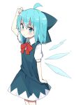  1girl ahoge bangs blue_bow blue_dress blue_eyes blue_hair blush bow bowtie cirno closed_mouth commentary_request dress dress_grab expressionless eyebrows_visible_through_hair hair_bow highres ice ice_wings kae_karee looking_at_viewer puffy_short_sleeves puffy_sleeves red_bow scratching_head shirt short_hair short_sleeves sidelocks sleeveless sleeveless_dress solo touhou white_shirt wings 