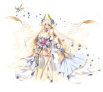  1girl aircraft_request alternate_costume azur_lane blonde_hair blue_eyes blue_flower blue_rose blush bouquet breasts cleavage commentary_request dress flower highres holding holding_bouquet laurel_crown long_hair open_mouth raranokusu rose simple_background thighhighs victorious_(azur_lane) wedding_dress white_background white_legwear 