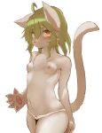  1girl ahoge animal_ears blush breasts cat_ears cat_tail closed_mouth collarbone eyebrows_visible_through_hair furry furry_female green_hair hawthorn highres kazami_yuuka looking_at_viewer navel nipples no_bra orange_eyes panties shiny shiny_hair short_hair simple_background small_breasts solo standing tail topless touhou underwear underwear_only whiskers white_background white_panties 