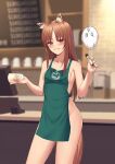  1girl akashiro_yulice animal_ear_fluff animal_ears apron breasts brown_hair commission cup disposable_cup green_apron highres holding holding_cup holding_marker holo iced_latte_with_breast_milk_(meme) indoors long_hair marker meme naked_apron red_eyes small_breasts solo spice_and_wolf standing starbucks tail wolf_ears wolf_girl wolf_tail 