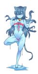  1girl absurdres animal_ears bell blue_eyes blue_hair blue_slime blush bow cat_ears cat_tail dripping facing_viewer heart highres kururi_(dwg) leg_up long_hair monster_girl neck_bell original panties paw_pose red_bow red_panties red_ribbon ribbon ribbon_bra slime_girl solo tail tentacle_hair underwear very_long_hair white_background 