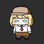  1girl blonde_hair blue_eyes blush boots brown_footwear brown_headwear brown_skirt chibi closed_mouth hat hololive hololive_english jazz_jack long_sleeves medium_hair necktie peaked_cap red_necktie shirt skirt solo virtual_youtuber watson_amelia white_shirt 