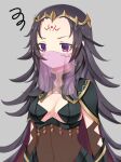  1girl bangs black_hair bodystocking breasts cape circlet cleavage covered_navel fire_emblem fire_emblem_fates long_hair medium_breasts mouth_veil nyx_(fire_emblem) purple_eyes see-through shira_yu_ki solo upper_body veil very_long_hair 