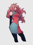  1girl android_21 breasts checkered checkered_dress closed_mouth dragon_ball dragon_ball_fighterz dress glasses grey_background kemachiku long_hair looking_at_viewer medium_breasts pantyhose red_hair simple_background solo standing 