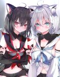  2girls absurdres ahoge animal_ear_fluff animal_ears aqua_eyes black_hair blush braid breasts commentary_request crossed_arms detached_sleeves fox_ears hair_between_eyes highres hololive kurokami_fubuki looking_at_viewer medium_breasts multiple_girls navel neckerchief niku_(hamuchang) red_eyes ribbon-trimmed_sleeves ribbon_trim shirakami_fubuki side_braid sideboob silver_hair stomach virtual_youtuber 