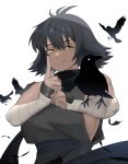 1girl :q animal_on_arm antenna_hair bandaged_arm bandages bird bird_on_arm black_hair black_shirt breasts character_request closed_mouth commentary copyright_request crow dark-skinned_female dark_skin eyebrows_visible_through_hair feathers hair_between_eyes highres index_finger_raised large_breasts licking_lips looking_at_viewer raban2950 shirt short_hair sideboob simple_background sleeveless sleeveless_shirt solo symbol-only_commentary tongue tongue_out upper_body white_background yellow_eyes 