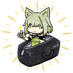  1girl animal_ear_fluff animal_ears arknights bag cat_ears cat_girl closed_mouth dress duffel_bag green_dress green_eyes green_hair highres kal&#039;tsit_(arknights) off-shoulder_dress off_shoulder recruitment_bag_(arknights) sarasa353 short_hair simple_background solo stethoscope white_background 