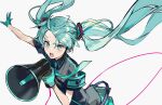  1girl armband black_shirt blue_gloves blue_necktie blue_skirt breasts collared_shirt commentary earpiece eyebrows_visible_through_hair floating_hair gloves hair_between_eyes hatsune_miku holding holding_megaphone karasu_btk koi_wa_sensou_(vocaloid) light_blue_eyes light_blue_hair long_hair looking_at_viewer megaphone miniskirt necktie open_mouth outstretched_arm shirt short_sleeves simple_background skirt small_breasts solo twintails upper_body v-shaped_eyebrows vocaloid white_background wing_collar 
