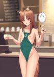 1girl akashiro_yulice animal_ear_fluff animal_ears apron breasts breasts_outside brown_hair commission cup disposable_cup green_apron highres holding holding_cup holding_marker holo iced_latte_with_breast_milk_(meme) indoors long_hair marker meme naked_apron nipples red_eyes small_breasts solo spice_and_wolf standing starbucks tail wolf_ears wolf_girl wolf_tail 