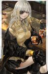  1girl alcohol black_gloves blonde_hair blush bottle braid commentary crossed_legs dog_tags eyepatch girls&#039;_frontline gloves grey_eyes hand_on_own_knee highres knee_pads long_hair long_sleeves looking_at_viewer m16a1_(boss)_(girls&#039;_frontline) mole mole_under_eye multicolored_hair nslacka off_shoulder pleated_skirt scar scar_across_eye sitting skirt smile solo two-tone_hair whiskey white_hair 