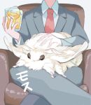  1boy animal animal_on_lap armchair bug chair crossed_legs cup feet_out_of_frame fluffy formal head_out_of_frame highres holding holding_cup moth necktie ootani_eiti original oversized_animal oversized_insect petting red_necktie suit translated white_background white_fur 