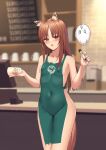  1girl akashiro_yulice animal_ear_fluff animal_ears bodypaint breasts brown_hair commission cup disposable_cup highres holding holding_cup holding_marker holo iced_latte_with_breast_milk_(meme) indoors long_hair marker meme naked_paint navel nipples painted_clothes public_nudity red_eyes small_breasts solo spice_and_wolf standing starbucks tail wolf_ears wolf_girl wolf_tail 