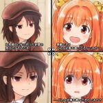  2girls :d bangs bell brown_hair brown_headwear brown_jacket cabbie_hat closed_mouth collared_shirt commentary eyebrows_visible_through_hair for_the_better_right?_(meme) hair_bell hair_between_eyes hair_ornament hat jacket jingle_bell meme motoori_kosuzu multiple_girls necktie open_mouth orange_hair red_eyes red_necktie shaded_face shameimaru_aya shirosato shirt smile touhou translated two_side_up white_shirt 