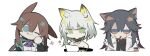  3girls :3 :q amiya_(arknights) animal_ear_fluff animal_ears arknights ascot bangs bare_shoulders black_jacket black_sweater blue_ascot blue_eyes blue_hair brown_hair chibi dog_tags food highres jacket kal&#039;tsit_(arknights) long_hair multiple_girls one_eye_closed oripathy_lesion_(arknights) pocky rabbit_ears short_hair sidelocks south_ac sweater texas_(arknights) tongue tongue_out upper_body white_hair white_jacket white_sweater 