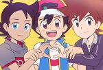  3boys antenna_hair ash_ketchum baseball_cap black_eyes black_hair black_jacket blue_eyes blue_vest brown_eyes brown_hair couple dark-skinned_male dark_skin gary_oak goh_(pokemon) grey_shirt happy hat heart heart_hands highres holding_another&#039;s_wrist jacket jewelry looking_at_viewer multiple_boys necklace open_mouth pokemon pokemon_(anime) pokemon_swsh_(anime) red_headwear rimmtha shirt smile spiked_hair teeth upper_body upper_teeth vest white_shirt yaoi yellow_background 