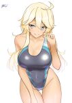  1girl ahoge ass_visible_through_thighs ayuman black_swimsuit blonde_hair blue_eyes breasts competition_swimsuit covered_navel cowboy_shot dated highleg highleg_swimsuit highres iowa_(kancolle) kantai_collection large_breasts leaning_forward looking_at_viewer one-piece_swimsuit signature simple_background solo star-shaped_pupils star_(symbol) swimsuit symbol-shaped_pupils tan white_background 