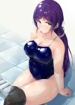 1girl absurdres bangs black_legwear blue_swimsuit breasts competition_school_swimsuit covered_navel green_eyes hair_ornament hair_scrunchie highres large_breasts long_hair love_live! love_live!_school_idol_project one-piece_swimsuit over-kneehighs parted_bangs poolside purple_hair school_swimsuit scrunchie shinonon_(iso_shino) sitting soaking_feet solo swept_bangs swimsuit thighhighs toujou_nozomi 