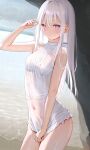 1girl bangs bare_arms bare_shoulders blush breasts covered_navel hair_between_eyes hand_up highres long_hair looking_at_viewer mignon one-piece_swimsuit original pink_eyes see-through shiro-chan_(mignon) small_breasts solo straight_hair swimsuit water wet wet_clothes wet_swimsuit white_hair white_swimsuit 
